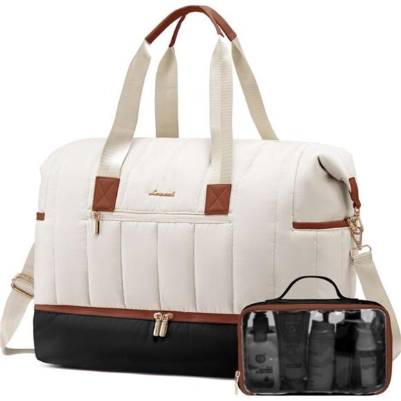 Travel Duffle Bag, Puffer Bags Beige Black - Picture 1 of 6